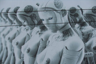 A row of feminine sex robots are shown in this image.
