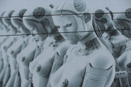 A row of feminine sex robots are shown in this image.