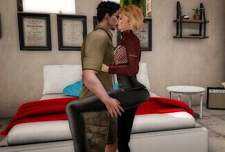 Couple kisses in Second Life.