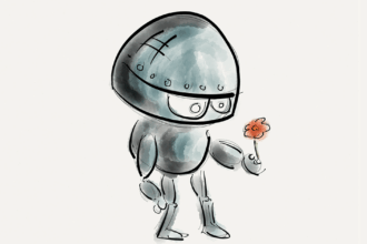 A cute robot holds out a flower.