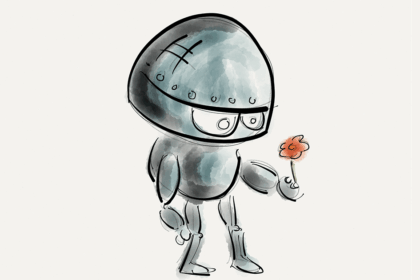 A cute robot holds out a flower.