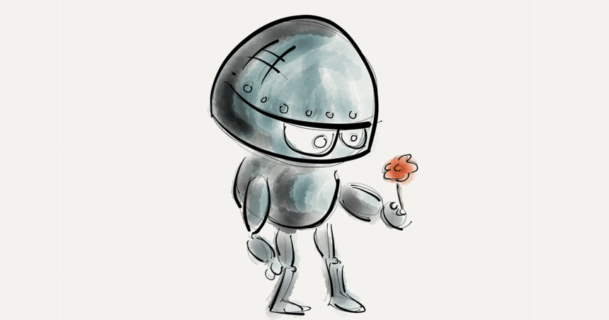 A cute robot holds out a flower.