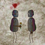 A robot holds flowers to give to another robot.