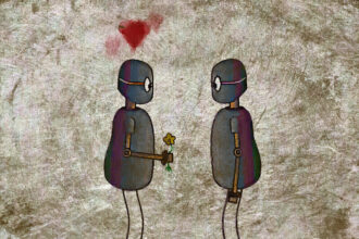 A robot holds flowers to give to another robot.
