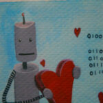 A robot in love holds a heart.