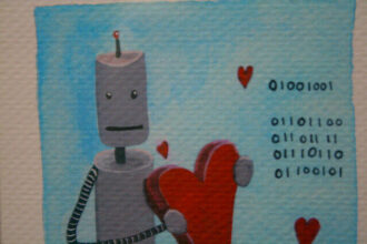 A robot in love holds a heart.