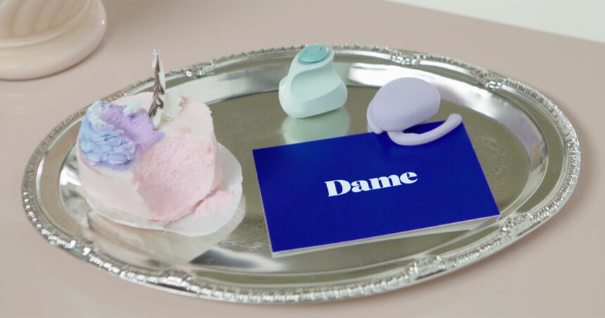 Eva and Fin, sex toys from Dame Products, on a platter.