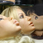 Three female sex doll heads facing up is a display case.