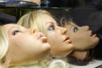 Three female sex doll heads facing up is a display case.