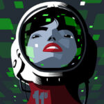 A person with red lips and dark hear wearing a space helmet.