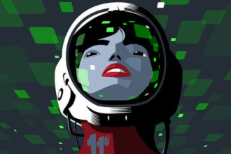A person with red lips and dark hear wearing a space helmet.