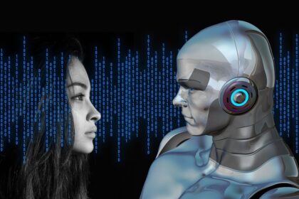 A woman looks into the eyes of a male cyborg.