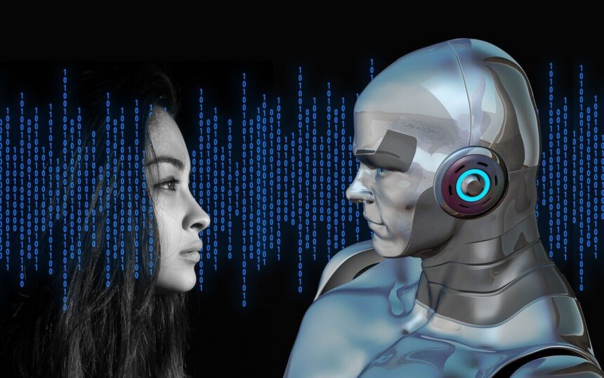 A woman looks into the eyes of a male cyborg.