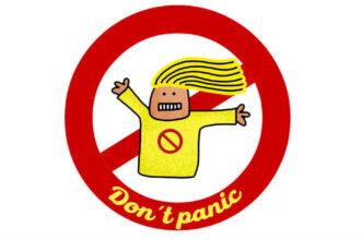 An illustration of a person with a yellow top and with yellow hair and the text "Don't panic."