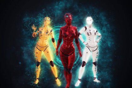 Three robots stand next to each other.