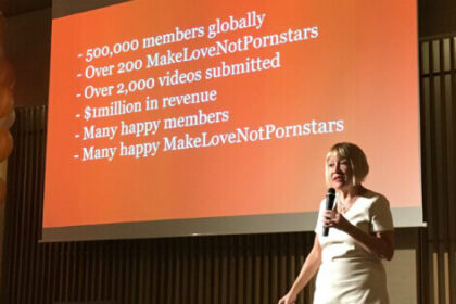 Advertising maven Cindy Gallop stands on stage giving a presentatino on Make Love Not Porn.