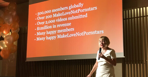 Advertising maven Cindy Gallop stands on stage giving a presentatino on Make Love Not Porn.