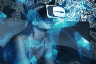 A barely clothed woman wears a head-mounted display VR headset.