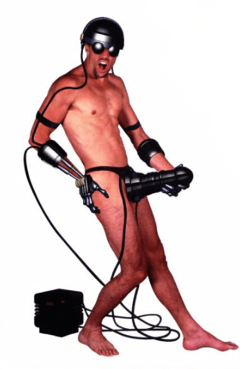 Man in fictional cybersex suit.