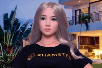 Sex doll xHamsterina appears with blonde hair, Asian features, and a black T-shirt.