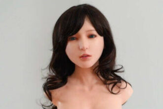 A dark-haired robotic head of a Chinese-made gynoid.