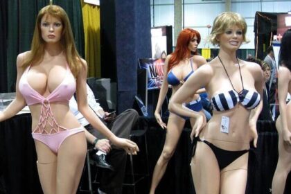 Sex stands are posed standing up while wearing skimpy outfits.