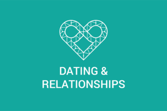 A white heart outline with an infinity symbol as part of the top design and the words "Dating & Relationships" appear over a green background.