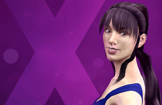A animation of a fair-sklnned brunette appears before a purple X.