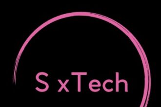 The text "SxTech" appears in hot pink, surrounded by a part circle in hot pink, over a black background.