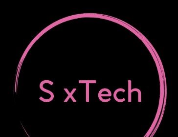 The text "SxTech" appears in hot pink, surrounded by a part circle in hot pink, over a black background.