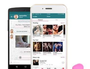 A pink Vibease panty vibe appeas in front of two smarphones displaying screenshots from the Vibease app.