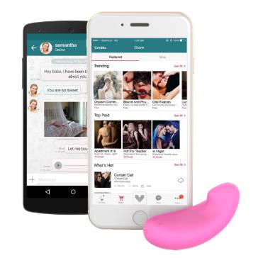 A pink Vibease panty vibe appeas in front of two smarphones displaying screenshots from the Vibease app.