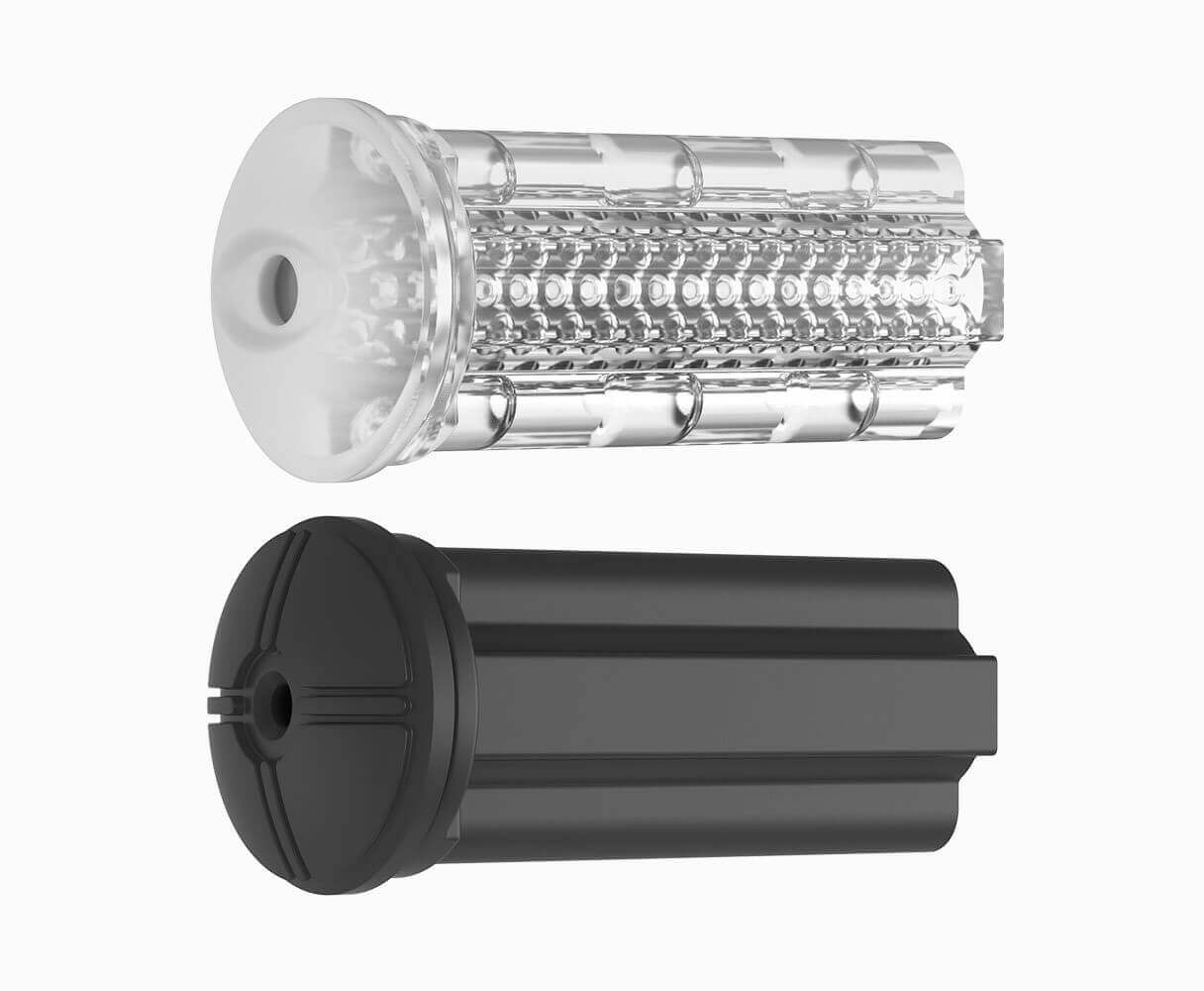 Two male stroker sex sleeves are displayed. One that is clear, and another below that is black.