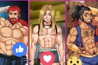 Three hot gay men with ripped abs from the RPG male sex game Gay Harem.