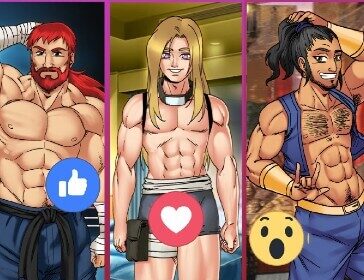Three hot gay men with ripped abs from the RPG male sex game Gay Harem.