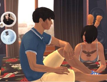 A screenshot of the online sex game Yareel shows two players getting intimate on a bed.