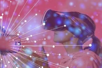 A young woman wears a virtual reality headset.