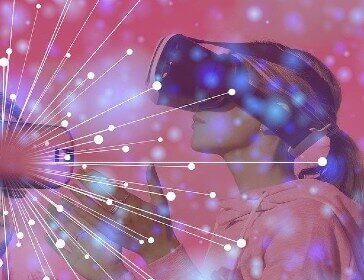 A young woman wears a virtual reality headset.