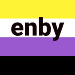 The non-binary flag consists of 4our horizontal lines from the top down: yellow, white, purple, and black.