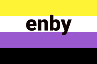 The non-binary flag consists of 4our horizontal lines from the top down: yellow, white, purple, and black.