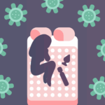 Illustration of female figure lying on a bed with sex toys encircles by large coronaviruses.