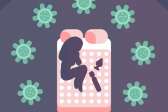 Illustration of female figure lying on a bed with sex toys encircles by large coronaviruses.