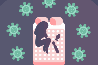 Illustration of female figure lying on a bed with sex toys encircles by large coronaviruses.