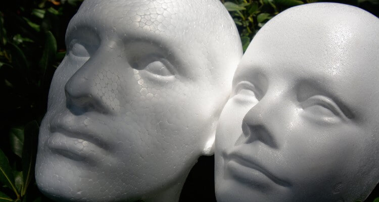 Screenshot of Styrofoam Faces of Male and Female In the Garden