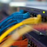 Image of Computer Server System with Red, Blue and Yellow Wires