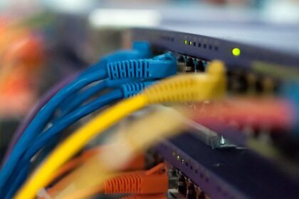 Image of Computer Server System with Red, Blue and Yellow Wires