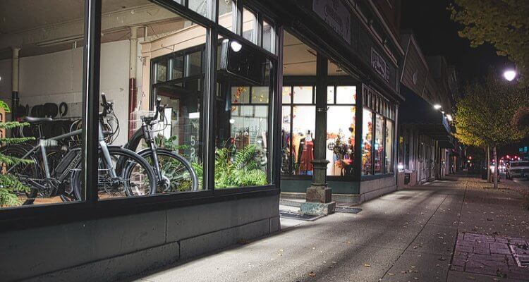 Beautiful night view of local stores in neighborhood