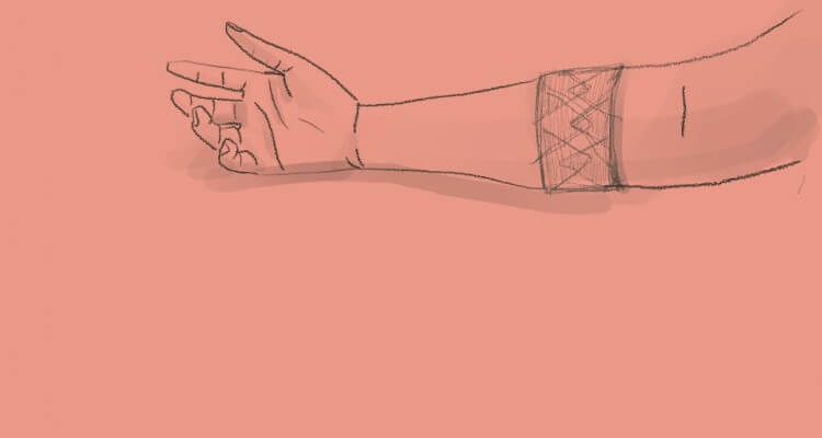 Sketch of right hand with a band wrapped on it