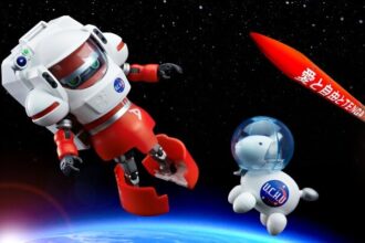 Image of Tenga Rocket and two TENGA-themed action figures: TENGA Robo and Egg Dog into the space