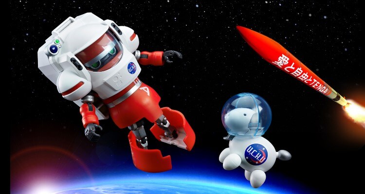 Image of Tanga Rocket and two TENGA-themed action figures: TENGA Robo and Egg Dog into the space